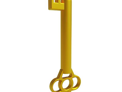 Yellow Key With Three Ring Handle And Unique Decorative Design 3d model