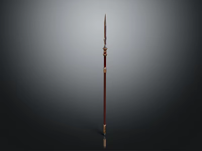 Spear With Red Shaft Metal Tip And Golden Decorations On Gradient Gray Black Background 3d model