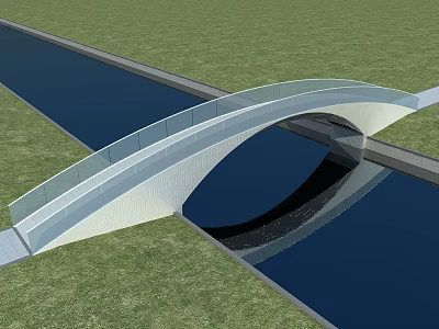 Modern Curved Bridge With Glass Railing Over Waterway And Green Grass 3d model