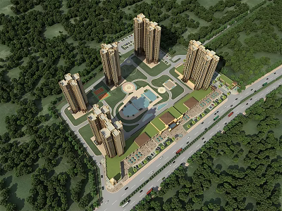 High Rise Residential Complex Surrounded by Lush Greenery Central Courtyard and Road Access 3d model