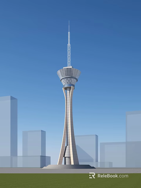 Modern Sleek Tower With Circular Top Structure Against Blue Sky Urban Skyline 3d model 
