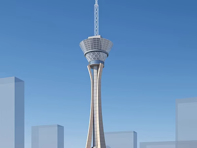 Modern Sleek Tower With Circular Top Structure Against Blue Sky Urban Skyline 3d model