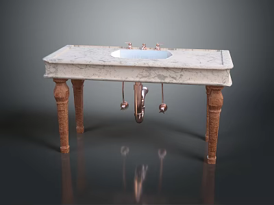 Elegant Marble Vanity With Brass Faucet And Wooden Carved Legs 3d model