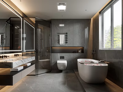 Modern Bathroom Design With Gray Marble Tiles Double Sink Vanity Glass Shower And Freestanding Bathtub 3d model