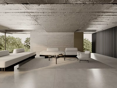 Spacious Minimalist Concrete Living Room With Comfortable White Sofas And Bright Natural Outdoor Views 3d model
