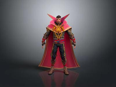 3D Fantasy Character In Standing Pose With Red Cape Golden Accents And Black Outfit 3d model