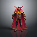 3D Fantasy Character In Standing Pose With Red Cape Golden Accents And Black Outfit