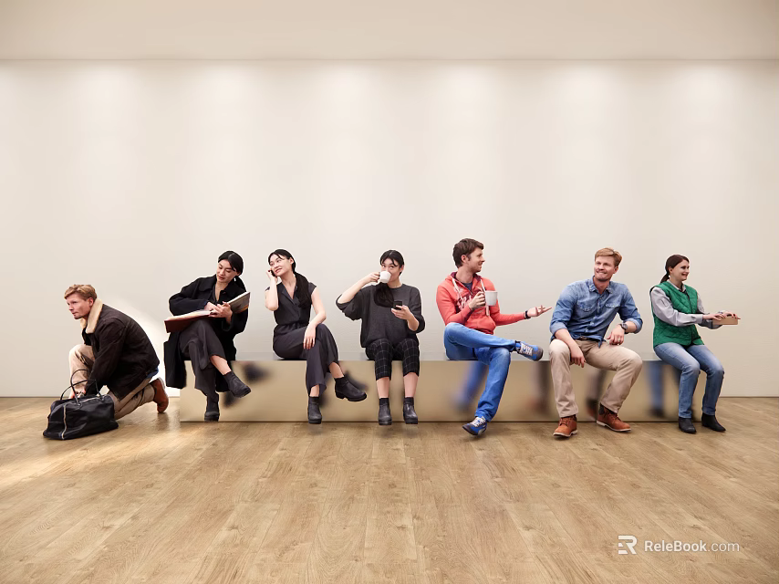 Group of People Sitting on Bench with White Walls and Wooden Floor Doing Various Activities 3d model 