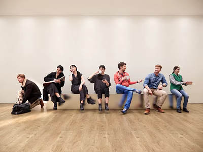 Group of People Sitting on Bench with White Walls and Wooden Floor Doing Various Activities 3d model