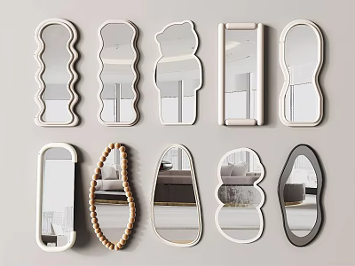 Various Shaped Decorative Mirrors Arranged on Light Colored Wall 3d model