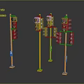 Orange Traffic Light Poles With Multiple Signal Units And Reflective Bases