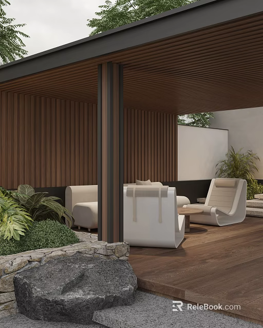 Modern Courtyard Garden With Wooden Wall Columns White Sofas And Green Plants 3d model 