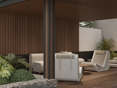 Modern Courtyard Garden With Wooden Wall Columns White Sofas And Green Plants 3d model