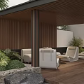 Modern Courtyard Garden With Wooden Wall Columns White Sofas And Green Plants