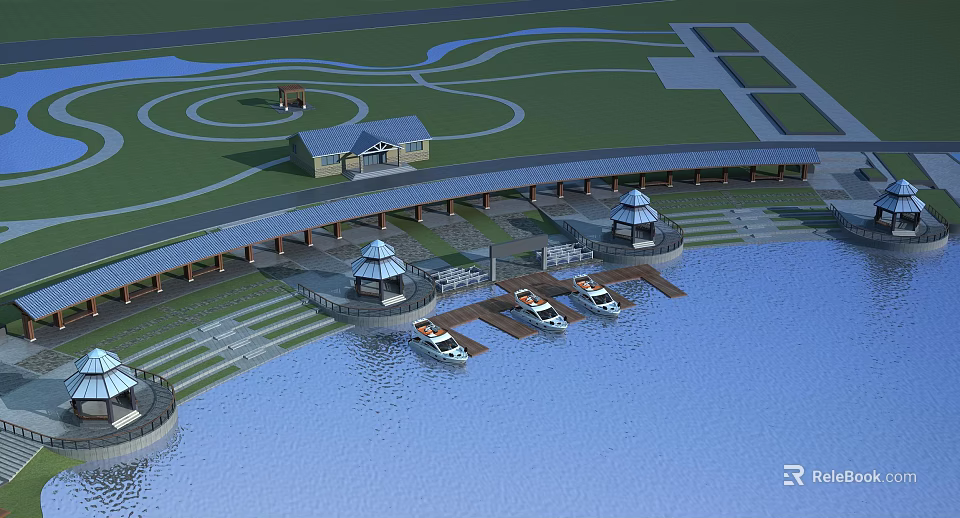 Scenic Lakeside View with Dock Boats Pavilions and Green Lawn Area 3d model 