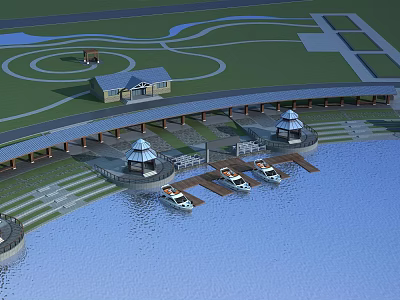 Scenic Lakeside View with Dock Boats Pavilions and Green Lawn Area 3d model