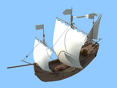 Vintage Sailing Ship With White Sails Wooden Hull Multiple Masts And Flags Against Blue Sky 3d model