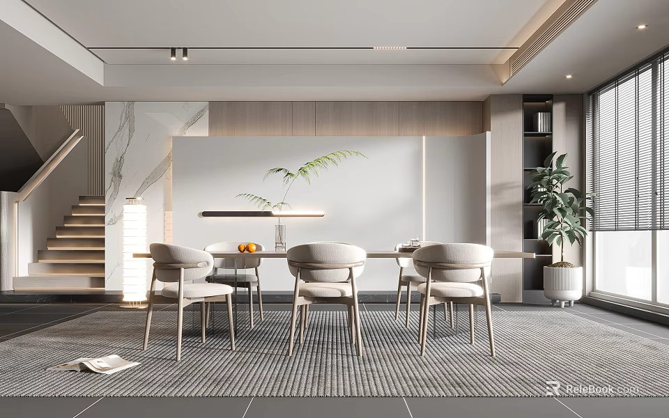 Modern Restaurant Interior With Dining Table Chairs Pendant Light And Green Plant 3d model 