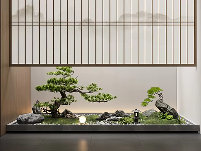 Indoor Zen Landscape With Bonsai Pine Tree Stones Small Lamp and Wooden Lattice 3d model