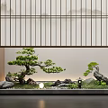 Indoor Zen Landscape With Bonsai Pine Tree Stones Small Lamp and Wooden Lattice