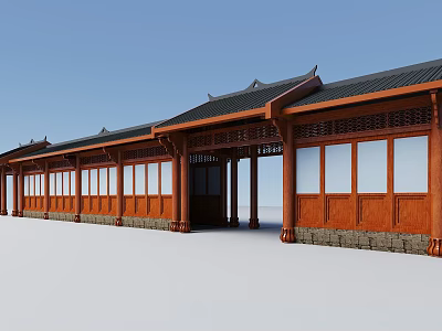 Traditional Chinese Wooden Corridor With Black Tiled Roof Carved Windows And Stone Base 3d model