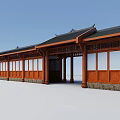 Traditional Chinese Wooden Corridor With Black Tiled Roof Carved Windows And Stone Base