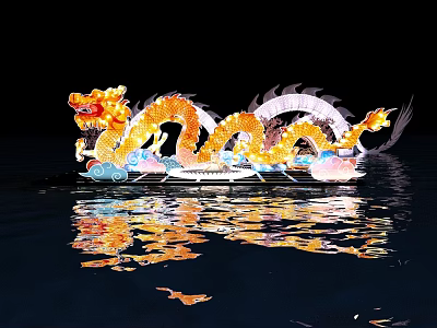 Golden Dragon Decoration With Shiny Scales Floating On Water With Reflection 3d model
