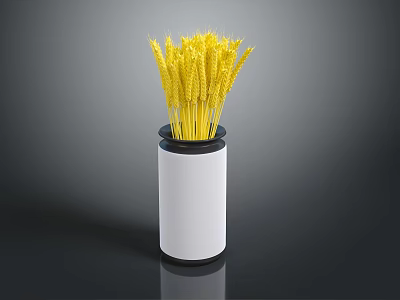 White Vase With Black Rim Holding Yellow Wheat Ears On Dark Background 3d model