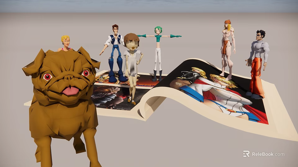 Reptile Themed 3D Scene With Cartoon Characters Open Book And Brown Dog Model 3d model 