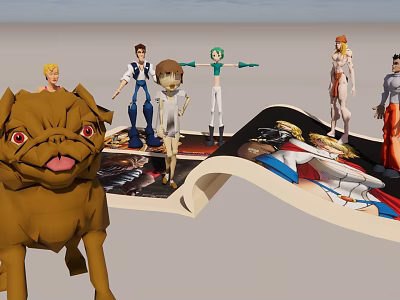 Reptile Themed 3D Scene With Cartoon Characters Open Book And Brown Dog Model 3d model