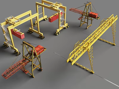 Various Yellow Industrial Cranes With Red Containers And Heavy Machinery Designs 3d model