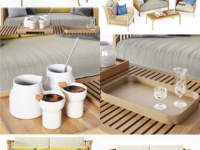 Comfortable Rattan Outdoor Sofa with Wooden Tray Table and Colorful Decorative Pillows Set 3d model