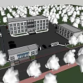 Modern Office Building With White Exterior Large Windows Front Entrance Steps And Green Plants