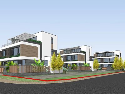 Modern Duplex Villa Exterior With Multi storey Design White Brown Facade Balconies And Green Plants 3d model