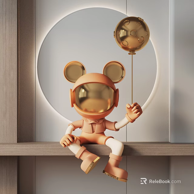 Orange Astronaut Sculpture With Mickey Ears Holding Gold Balloon On Shelf Circular Decoration 3d model 