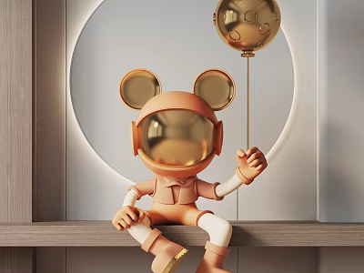 Orange Astronaut Sculpture With Mickey Ears Holding Gold Balloon On Shelf Circular Decoration 3d model