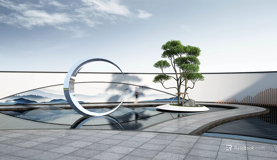 Modern Garden Ornament With Circular Sculpture Tree Water Feature And Stone Pavement 3d model 