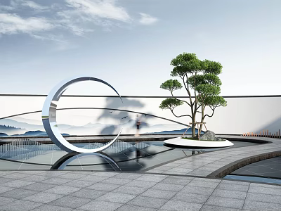 Modern Garden Ornament With Circular Sculpture Tree Water Feature And Stone Pavement 3d model