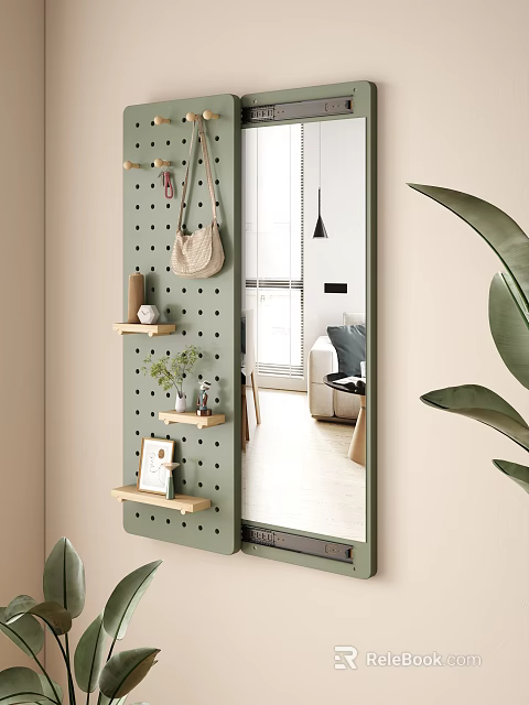 Decorative Mirror with Green Perforated Board Wooden Shelves Green Plant Photo Frame in Living Room 3d model 