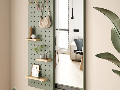 Decorative Mirror with Green Perforated Board Wooden Shelves Green Plant Photo Frame in Living Room 3d model