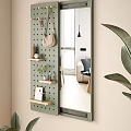 Decorative Mirror with Green Perforated Board Wooden Shelves Green Plant Photo Frame in Living Room