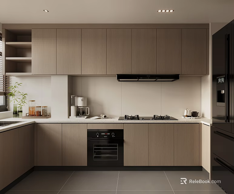Modern Kitchen Interior With Light Wood Cabinets Black Appliances And Countertop 3d model 