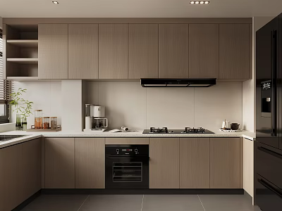 Modern Kitchen Interior With Light Wood Cabinets Black Appliances And Countertop 3d model