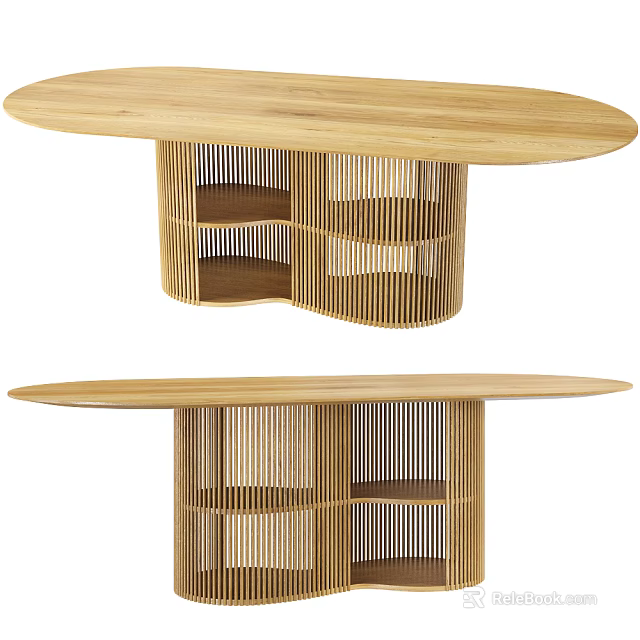 Natural Wooden Dining Table With Slatted Base And Open Storage Shelves 3d model 