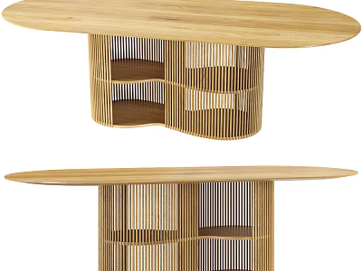 Natural Wooden Dining Table With Slatted Base And Open Storage Shelves 3d model