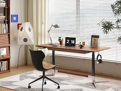 Modern Wooden Desk With Ergonomic Chair Desk Lamp Small Plant Calendar And Bookshelf 3d model