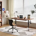 Modern Wooden Desk With Ergonomic Chair Desk Lamp Small Plant Calendar And Bookshelf
