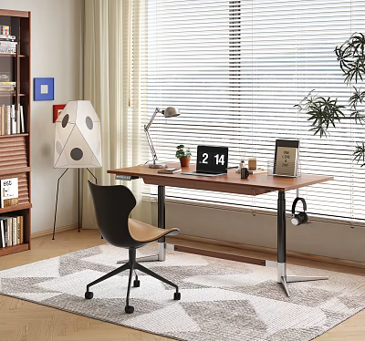 Modern Wooden Desk With Ergonomic Chair Desk Lamp Small Plant Calendar And Bookshelf 3d model