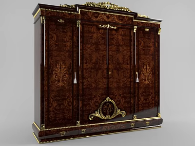 Elegant Classic Ornate Wardrobe With Dark Wood Carved Patterns And Gold Accents 3d model