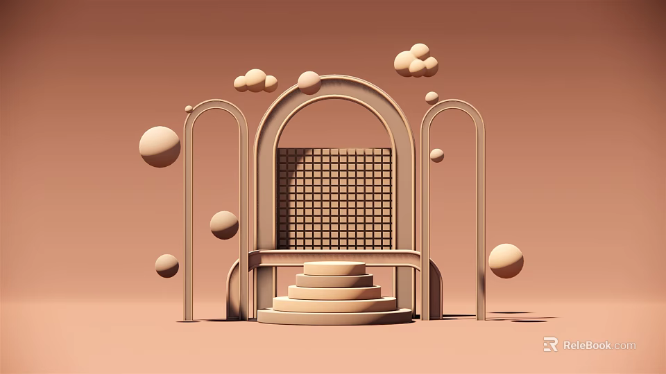 Modern Neutral Beige Display Stand With Arched Frames Grid Background And Sphere Decorations 3d model